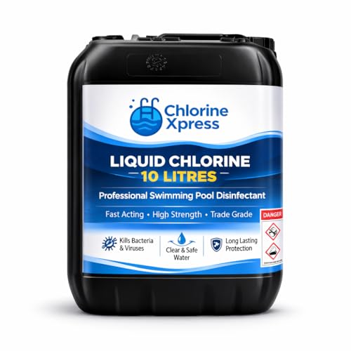 Liquid Chlorine 10 Litres 1415% Sodium Hypochlorite Pool Shock Treatment - Chlorine Xpress Fast Acting Swimming Pool Disinfectant for Domestic & Commercial Pools