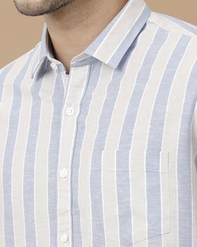 Image of Cavallo by Linen Club Men's Blended Linen Blue Striped Full Sleeve Casual Shirt