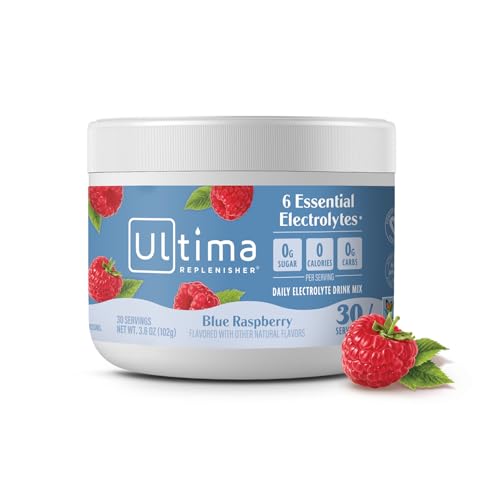 Ultima Replenisher Hydration Electrolyte Powder- 30 Servings- Keto & Sugar Free- Feel Replenished, Revitalized- Naturally Sweetened- Non- GMO & Vegan Electrolyte Drink Mix- Blue Raspberry