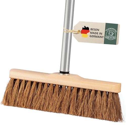 Kokosbesen mit Stiel, Kehrbesen Kokos mit Teleskopstiel Set, Saalbesen, Zimmerbesen, Straßenbesen mit Kokosborsten, Naturfaser