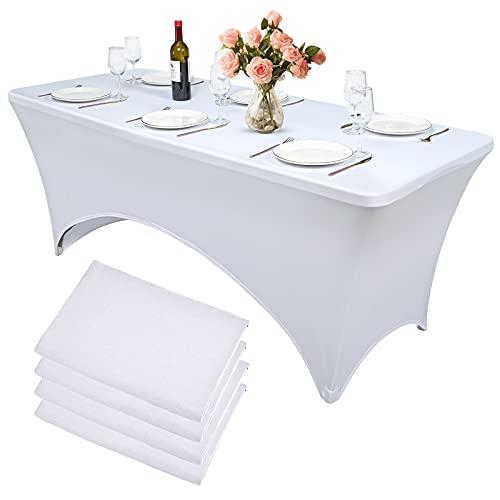Ymhpride 4 Pieces 6Ft Rectangular Elasticity Table Cover, Patio Table Cover Cocktail Tablecloth Stretchable Tablecloth For Craft Exhibitions Wedding Party Show Event, Tight Fit Washable (White) #TOP2