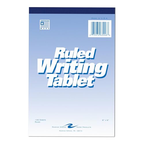 Roaring Spring 6'x9' Writing Tablet, 100 Sheets 15# White Paper, Wide Ruled, Heavy Back Board, Top...