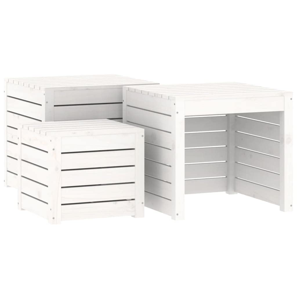 Juego de 4 cajas de jardín de madera de pino maciza, color blanco con tapa, mueble de terraza resistente para almacenamiento al aire libre, asiento o mesa, capacidad 110 kg