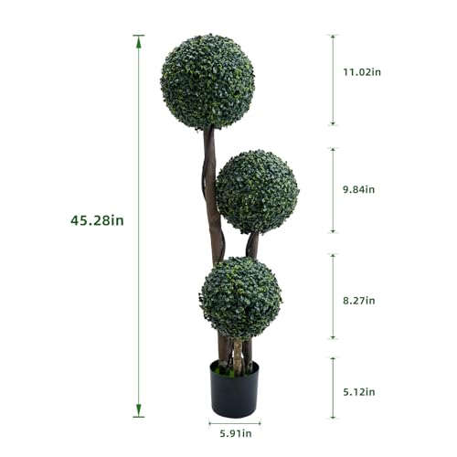 Artificial Topiary Ball Tree Indoor and Outdoor, 45 Inch Faux Boxwood Plants Topiary Triple Ball Tree Milan Grass Ball Trees for Porch or Garden Home Decor, 1 Pack
