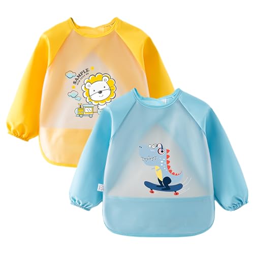 Baberos Bebe Impermeables, Pack de 2 babero con mangas, azul y amarillo