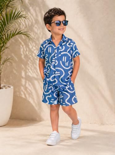 Image of superminis Boys Co-Ord Set Rayon Shirt & Shorts Set (2-10 Years) | Printed Summer Coord Set for Boys | Casual Outfit with Pockets | Comfortable Kids Matching Set
