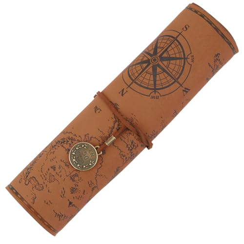 Image of GORGECRAFT PU Leather Pencil Bag Strap Vintage Treasure Map Compass Cover Rollup Storage Organizer Retro Portable Stationery Pouch Pen Bag Wrap Roll Case Holder for Artist Drawing Makeup Light Camel