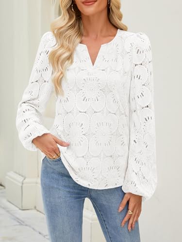 MEROKEETY Women's Eyelet Long Sleeve Shirts Tops Dressy Casual Fall Trendy Flower Lace Boho Crochet Blouses2