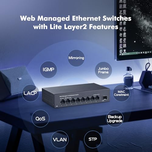 Image of 8 Port 2.5G Managed Switch, 8 x 2.5Gbps Base-T Ports and 10G SFP+ Slot, Support LACP /QOS /VLAN /IGMP, Mini Metal Fanless 2.5Gb YuLinca Easy Web Switch