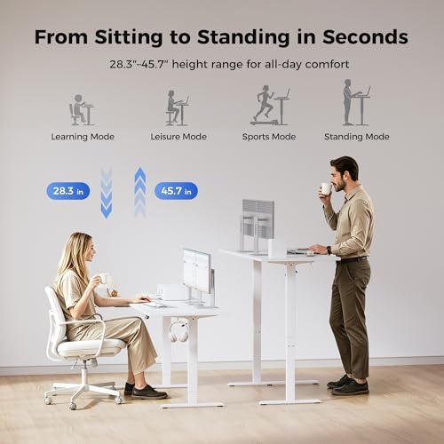 Image of Agilestic 55 Inch Reversible L Shaped Standing Desk, Electric Height Adjustable Desk with Memory Preset, Sit Stand Up Computer Workstation for Home Office, Splice Board, White