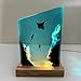 A grand resin night light with simulated ocean landscapes, bat fish, and divers. Artistic home decoration, resin lamp, holiday gift, birthday gift handmade from resin and solid wood.