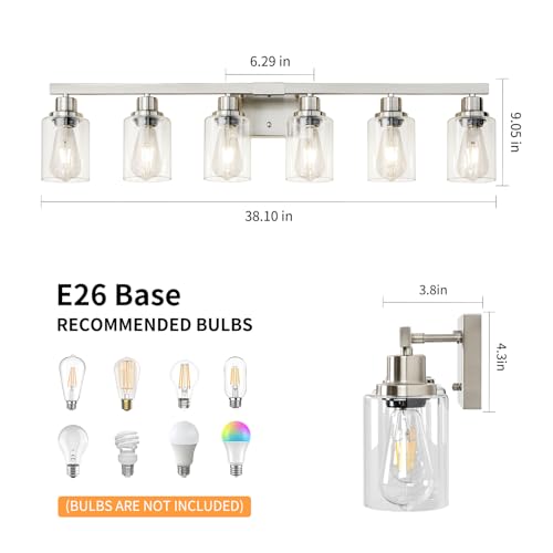 Image of Bathroom Vanity Light, 6-Light Nickel Modern Matte Wall Sconce Lighting with Clear Glass Shade, Wall Lights,Bath Vintage Wall Mounted Lamps for Mirror Bedroom Living Room