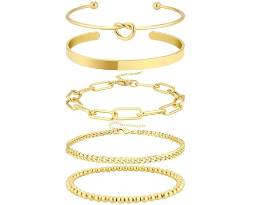 14K Real Gold Plated Bracelets for Women Stack,Bangle Cuff Bracelet Set Non Tarnish Jewelry for Women Trendy