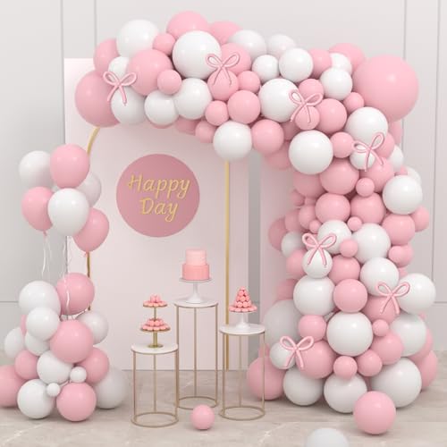 Pink White Balloon Garland Arch Kit, 142PCS White and Light Pink Bow Balloons for Birthday Wedding Anniversary Engagement Baby Shower Bridal Shower Party Decorations
