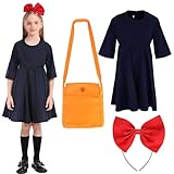 [DERAYEE] キキ コスチューム ハロウィン ワンピ 魔女 仮装 カチューシャ付き 3点セット 110～140cm 女の子 ダークネイビー 魔女の宅急便 衣装 子供用 コスプレ 日常着 学園祭 (110)