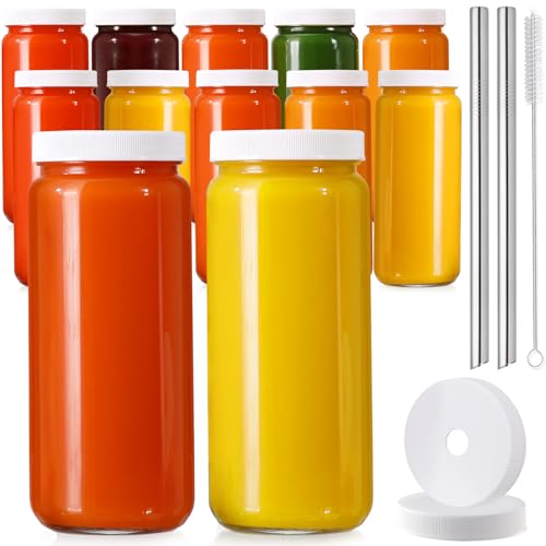 Image of 12 PACK, 16 OZ Glass Juice Bottles with Airtight Lids, Bonus 2 Straws & Perforated Lids, Reusable Juicer, Juicing Bottles - Clear Drinking Jars Cups, Water Bottle, Travel Juice Container, White Caps