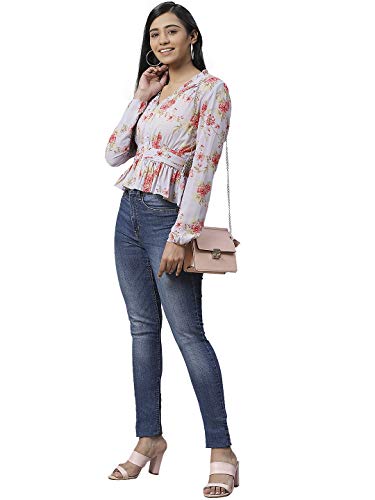 Image of IVES Women's Printed Polyester Full Sleeves | V Neck | Regular Fit Crop Top