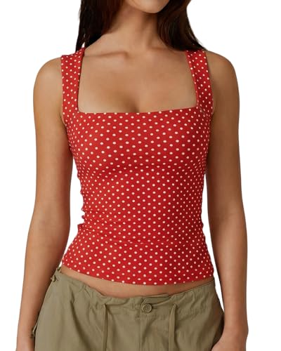 Image of QINSEN Women's Square Neck Sleeveless Double-Layer Tank Tops Basic Tight T Shirts