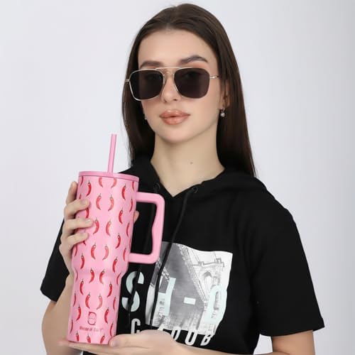 Image of House of Quirk 1200ML Stainless Steel Tumbler with Handle & Lid, 2 Straws - Large Travel Mug Water Cup for Gym, Office & Outdoor Use (Pink Chili)
