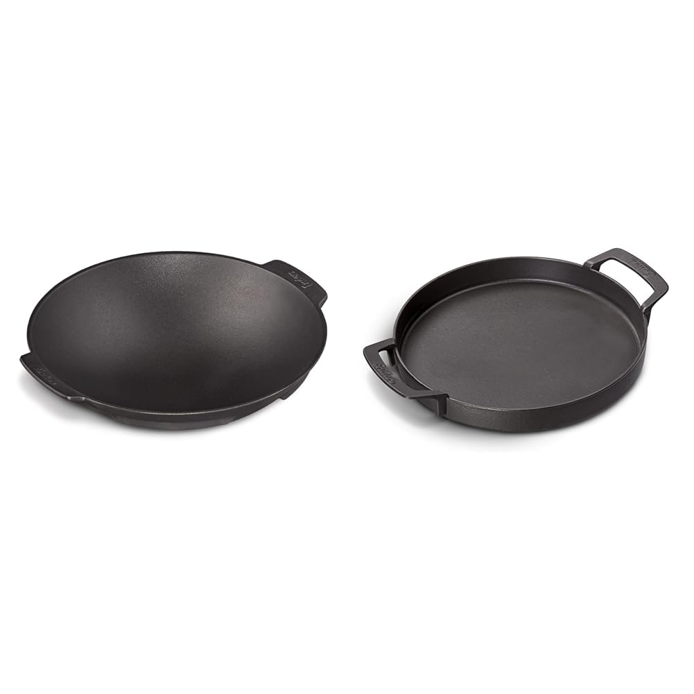 Enders Switch Grid Wok schwarz, aus massiv, emailliertem Gusseisen & SWITCH GRID Pfanne, aus Gusseisen, Gasgrill mit Rost System
