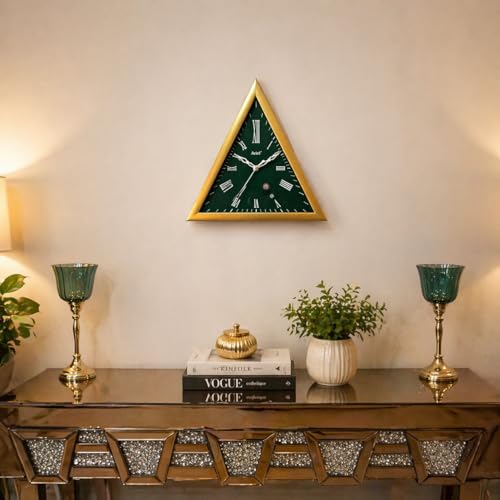 Image of Triangle Analog Wall Clock 30 cm | Green Dial Gold Frame | Roman Number Display | Quartz Battery Operated Decorative Piece for Home Office Bedroom Living Room