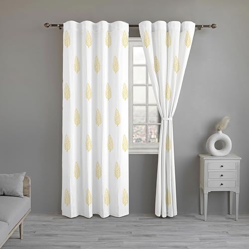 Image of Linenwalas Cotton Curtains Set Of 2, Canvas Window Curtains For Home Decor, Hangs Elegantly With Back Loops (4.5X6.5 Ft, Mustard Leaf) - Sheer, Back Tab