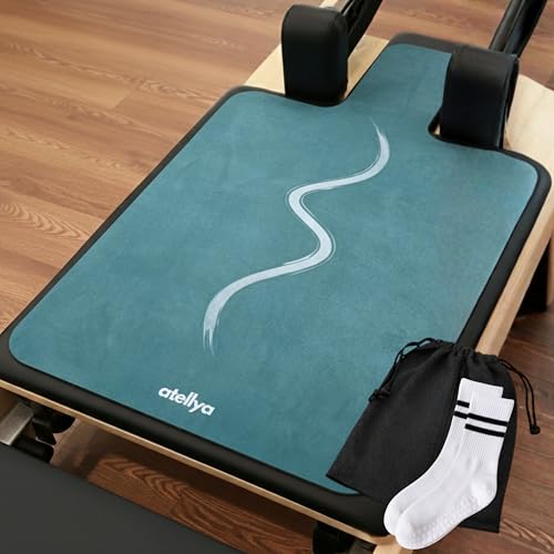 Atellya Pilates Reformer Mat With Grip Socks Women And Mesh Bag Bundle Cover For Reformer Non Slip Reformer Towel Workout Mat For Yoga Socks With Grips Non Slip Pilates Mat (Dark Green Minimal)