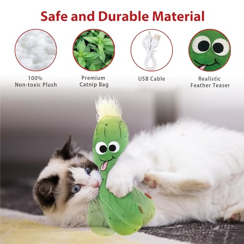 Gigwi Interactive Catnip Cat Toys, Electronic Flopping Toys Motion Activated, Automatic Moving Cat Toys for Indoor Cats, USB Rechargeable Cat Enrichment Toy Self Play for Hunting and Kicker, Pickle