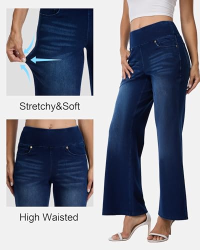 Amzdora Women’s High Waisted Wide Leg Jeans Pull On Stretch Denim Pants Tummy Control Flare Leggings Pants with Pockets, Navy, Size 16 — view 5