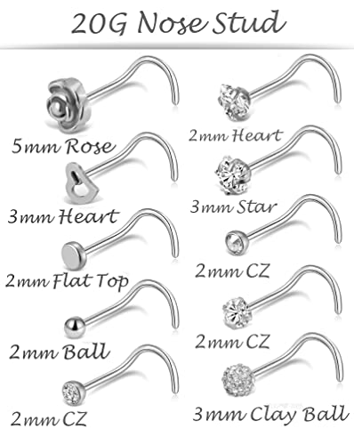 Tornito 20G 20Pcs Stainless Steel Nose Bone L Shaped Screw Studs Rings Cz Nose Ring Labret Nose Piercing Jewelry For Men Women (A1:20Pcs) (C:20Pcs Screw Shaped(Silver+Black)) #TOP1