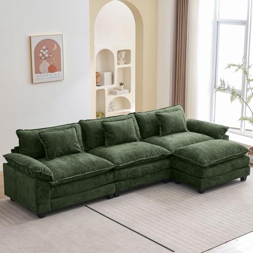 Image of Oprisen 120 inch Modular Sectional Sofa, Comfy Cloud Couch Sectional Sofa with Ottoman, Chenille Sofa Sleeper Deep Seat Sofa with Throw Pillows for Living Room (Green, 120 inch- L Shape)