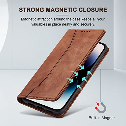Image of Jasonyu Flip Wallet Case for iPhone 14 Pro 5G,Leather Magnetic Folio Cover with Card Holder,Kickstand - TPU Shockproof Durable Protective Phone Case,Brown