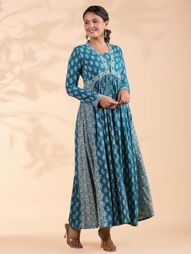 Image of Vbuyz Women's Floral Print Anarkali Cotton Aqua Blue Stitched Kurta | Anarkali Kurti for Women | Kurta for Women