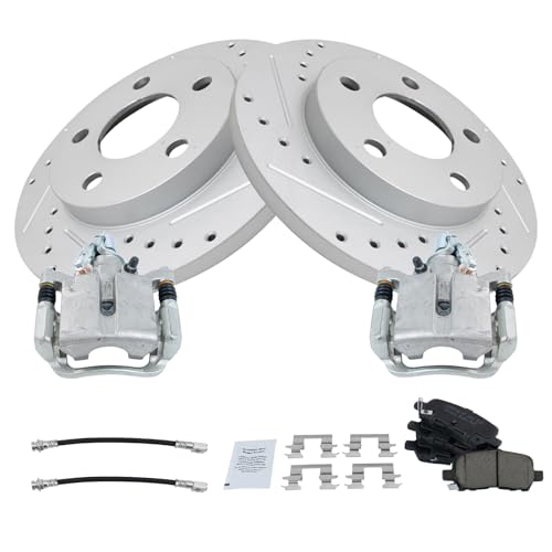 Image of TRQ Performance Rear Brake Pad and Rotor Set Ceramic Slotted Drilled Coated Rotors Calipers Compatible with 2005-2008 Pontiac Grand Prix