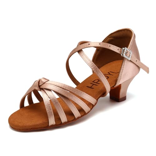 HROYL Women Satin Latin Dance Shoes 1.5inch Low Heel Salsa Practice Performance Ballroom Dancing Shoes XGG