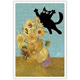 TYOHU Funny Black Cat Art Poster Vintage Van Gogh Sunflower Cat Print Canvas Wall Art Cute Animal Room Aesthetic Prints Painting For Home Bedroom Dorm Wall Decor 12x16in Unframed