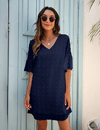 Image of Blooming Jelly Womens White Dresses Short Sleeve V Neck Ruffle Cute Sun Dress Chiffon Flowy Shift Mini Dress