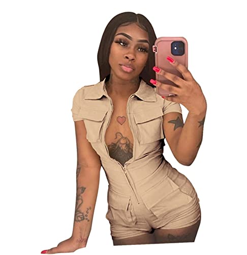 Nshypoi Zip Up Jumpsuits For Women Summer Lapel Collar Short Sleeve Skinny Mini Shorts Romper Party Khaki M #TOP14