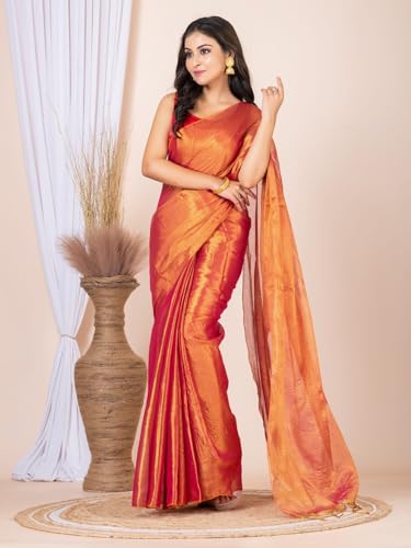 Image of Women's Tissue Cotton Saree | Plain Lightweight Tassel Pallu Saree with Blouse
