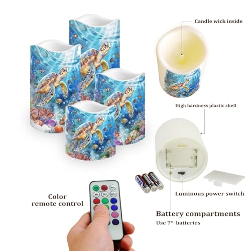 Image of Sea Turtle Pillar Candles Bulk Led Flameless Battery Operated Candles with Timer Remote Color Changing Electric Fake Candles for House Warming Home Decorations Set of 4