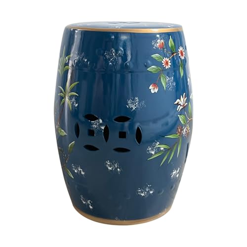 rzoizwko Ceramic Garden Stool Hand-Painted Decorative Drum Accent Table for Indoor & Outdoor Use Glazed Blue & White Chinoiserie Plant Stand Side Table for Patio Living Room Bedroom Balcony