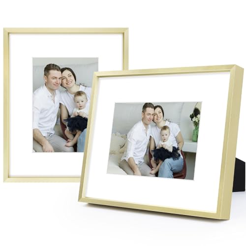 Frametory, 8x10 Aluminum Frames with Ivory Mats for 5x7 Pictures/Photos - Real Glass- Portrait/Landscape - Horizontal and Vertical Formats for Wall and Table Mounting (Gold, 2 Pack)