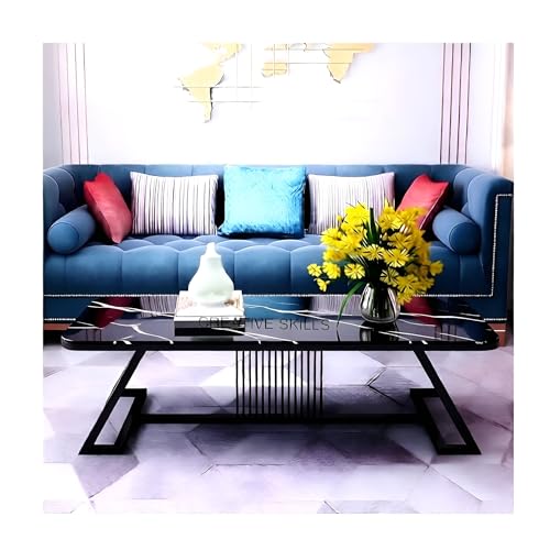 Image of Modern Rectangular Marble-Like Top Coffee Table with Metal Base for Living Room | Luxury Sofa Center & Tea Table for Home & Office | Easy DIY Assembly (90 x 48 x 48 cm) (Black)