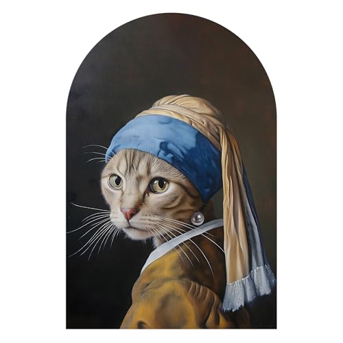 DEQORI Carta da parati da parete ad arco rotondo, autoadesiva, 60 x 90 cm, motivo micio con orecchini di perla, tela tessile, rimovibile, decorativa e indeformabile, per soggiorno, ufficio, corridoio