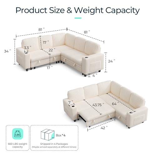 Image of LINSY HOME 81 inch Modular Sectional Couch with Pull Out Bed, L Shaped 5 Seats Sofa with Storage Loveseat, Corduroy Convertible Sofa Bed, USB, Cup Holders, Side Pocket, Sleeper Sofa for Living Room, Beige