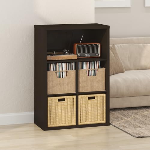 Image of Furinno Cubicle Record Player Stand, 5-Cube Record Storage, Dark Oak | Vinyl Storage, 1.2 inchInch Extra Thick, Closed Back Media Shelf for CD DVD Bluray Game Disc, for Living Room, Home Office