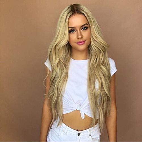 Pelucas onduladas rizadas largas rubias, con raíces sintéticas resistentes al calor, parte media de aspecto natural, para mujer, cosplay o uso diario