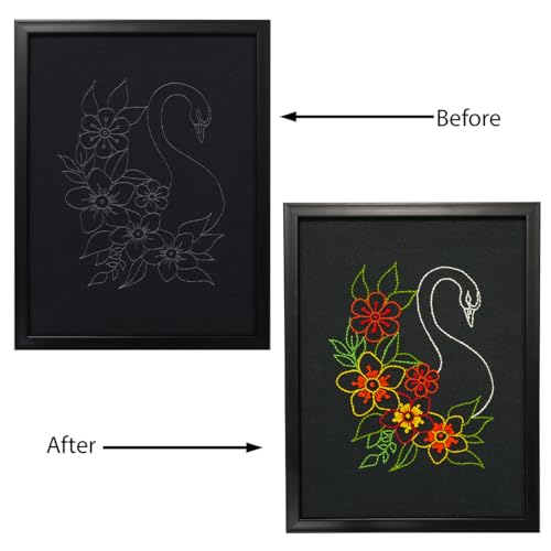 Image of picknMAKE Hand Cross Stitch Embroidery Kits for Beginners Adults with Cloth Fabric, Framed Swan on Black Pattern to do Embroidery with Instruction and All Material Included