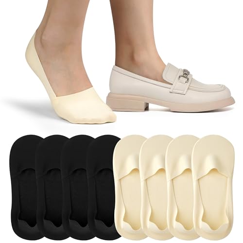 4 Pairs No Show Socks for Women Thin Ice Silk Non-Slip Loafers Footies Socks, 2 Nude + 2 Black