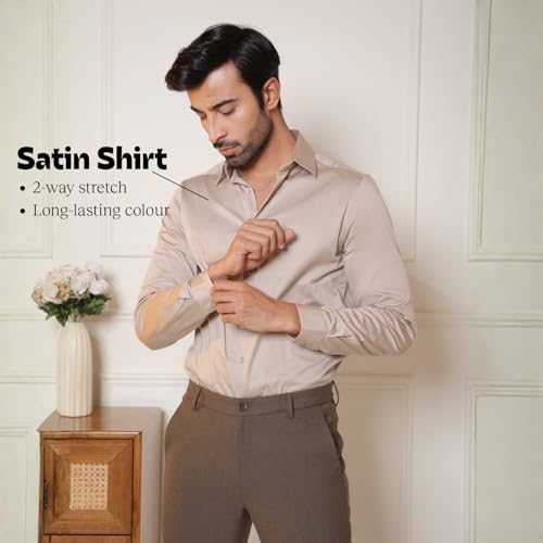 Image of SUBTRACT Men's Slim Fit Solid Spread Collar Cotton Satin Evening Shirt | Stylish Men's Wear Shirt for Office or Party